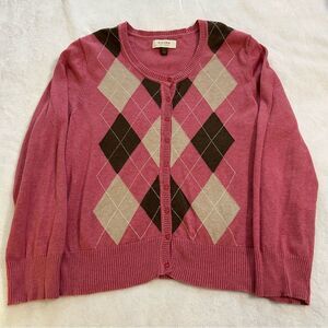 Sonoma Pink and Brown Argyle Cardigan Sweater